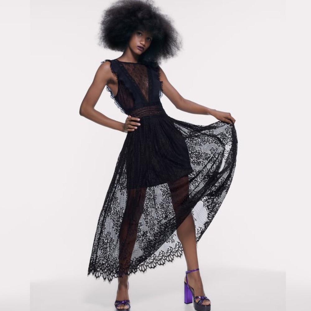 NWT Zara Size M Black Contrasting Lace Midi Dress Night Out Wednesday Adams